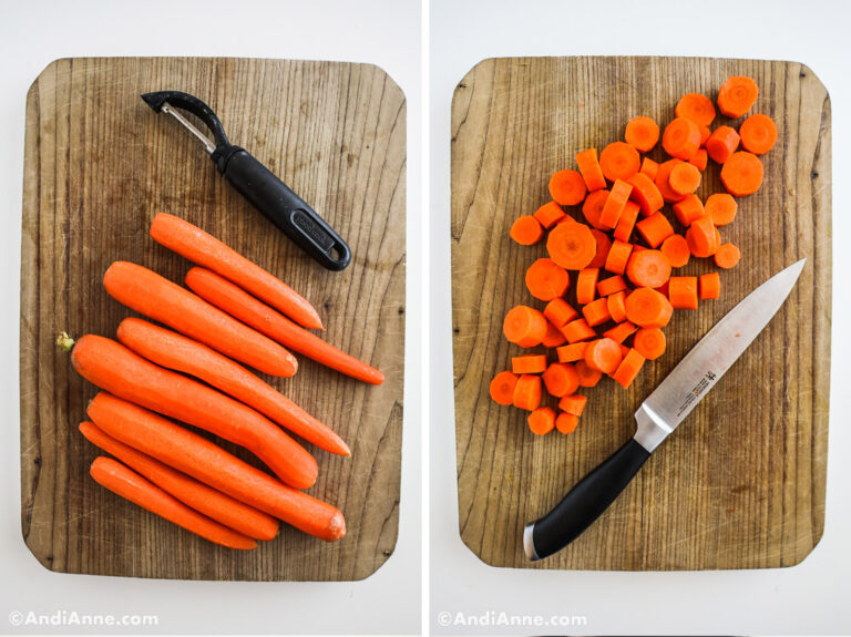 Whole carrots peeled with a vegetable peeler beside, and chopped carrots with a knife.