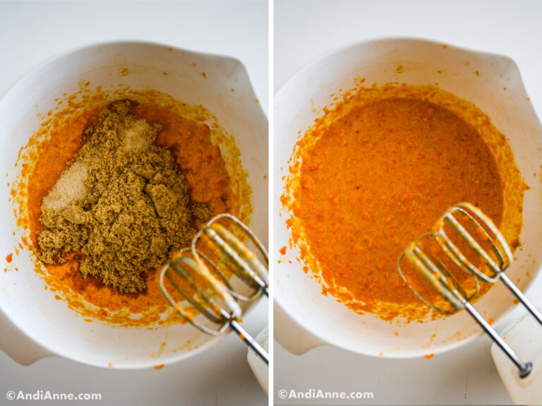Brown sugar and white sugar on top of carrot mixture. Second image is carrot pie filling in bowl with electric mixer.