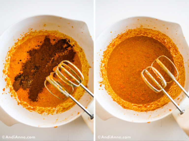 A bowl with spices on top of carrot filling. Second image is bowl with carrot filling mixed together.