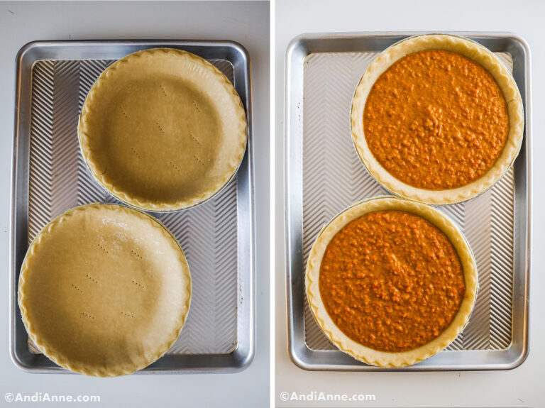 Two images, first is two pie shells, second is pie shells with carrot filling inside.
