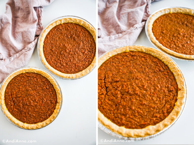 Two images of baked carrot pie at different angles and pink kitchen towel beside.