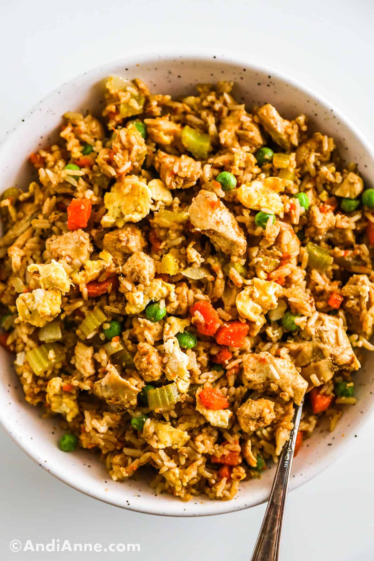 Looking down at a bowl with chicken fried rice recipe.