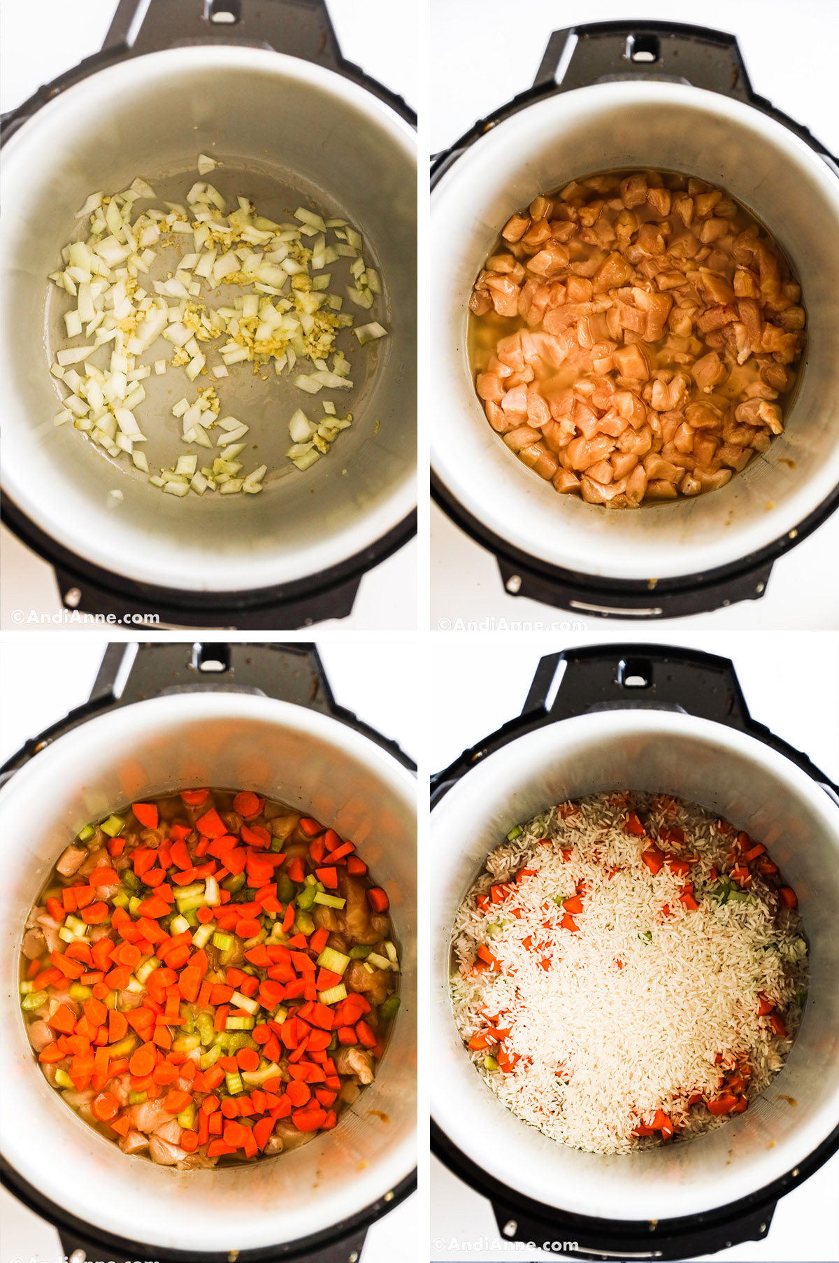 Four images looking into an instant pot with various ingredients including chopped onion, chopped chicken, chopped carrots and celery, and white rice.