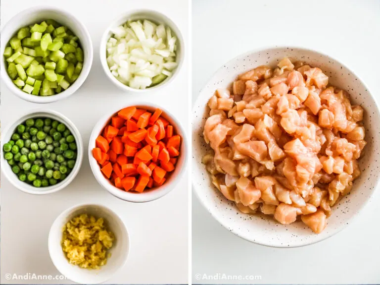 Various chopped vegetables and chopped chicken in bowls.