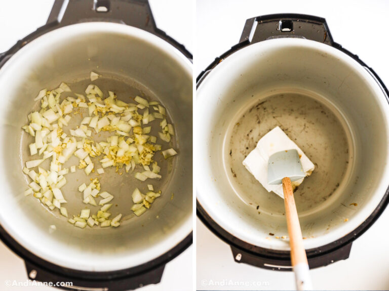 Two images of instant pot: Instant pot with chopped onion and garlic. Image two with spatula and paper towel.