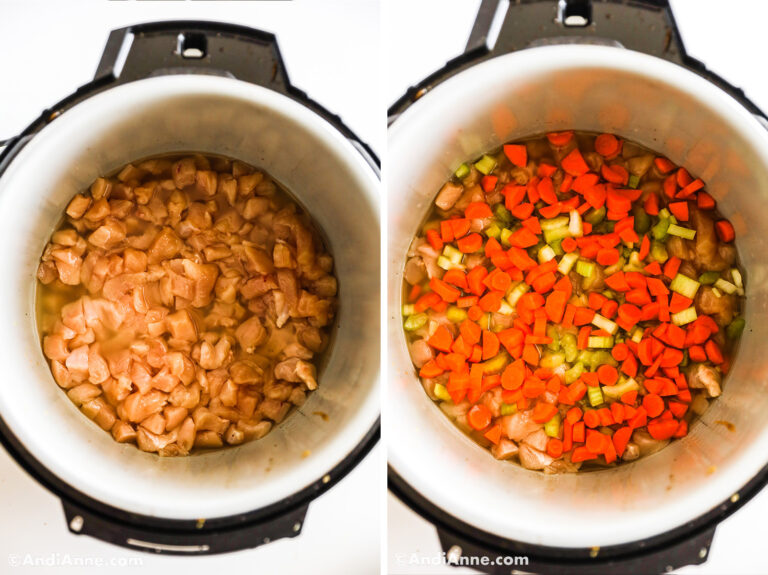 Two images of instant pot: First with chopped raw chicken, second with chopped carrots and celery.