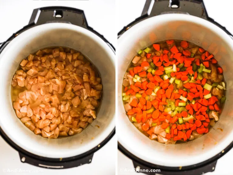 Two images of instant pot: First with chopped raw chicken, second with chopped carrots and celery.
