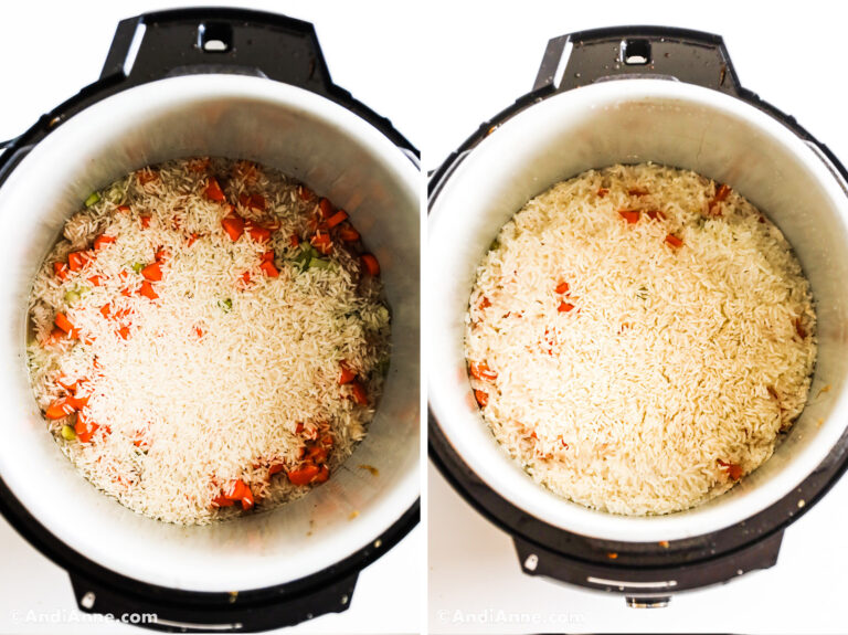 Two images of instant pot: both with rice on top of other ingredients.