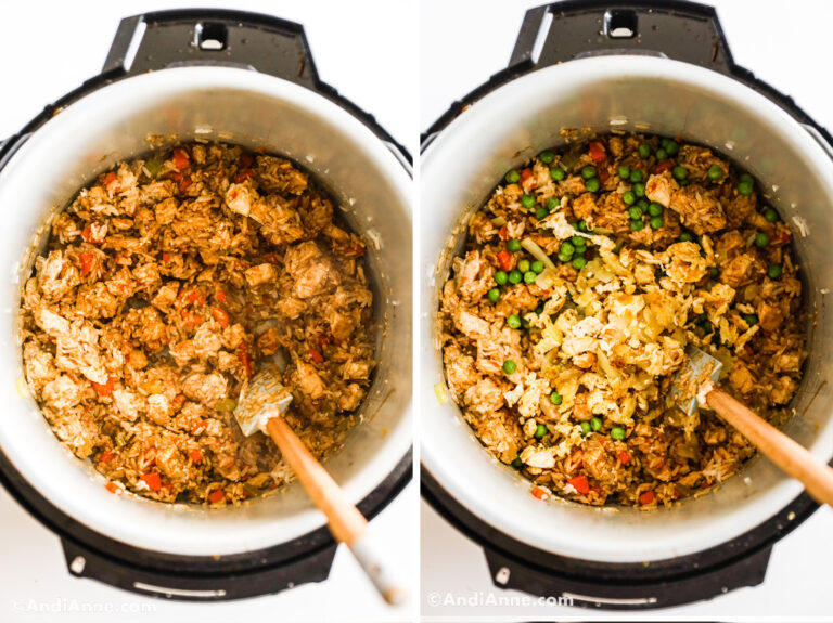 Two images of instant pot: First with various cooked ingredients. Second with eggs and peas dumped in.
