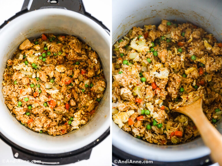 Two images of chicken fried rice in an instant pot.