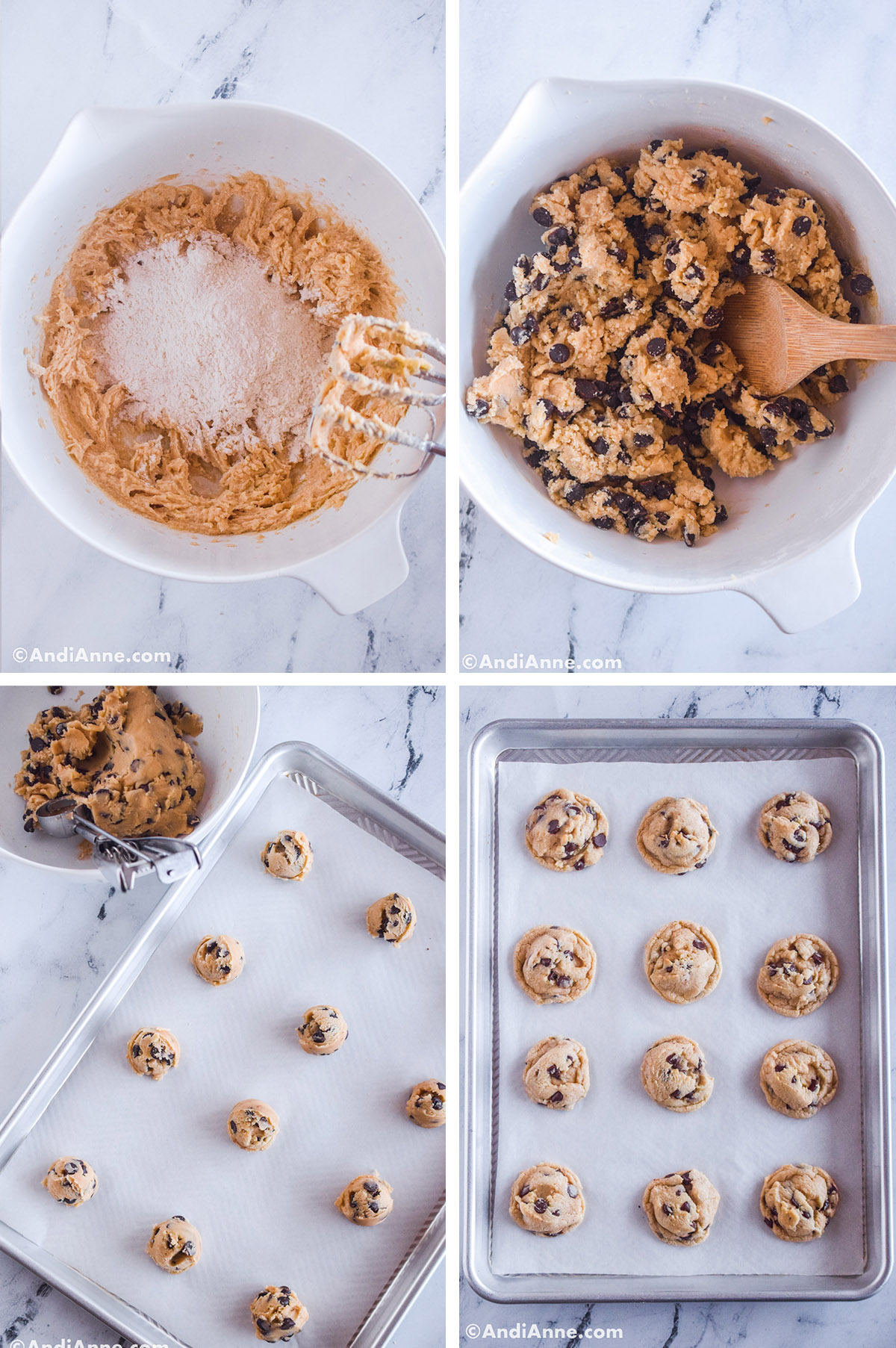 Four images showing steps to make the recipe. First is a white bowl with creamed butter and sugar and flour dumped on top. Second is cookie dough batter in bowl, third is raw cookies on baking sheet, fourth is baked cookies on baking sheet.