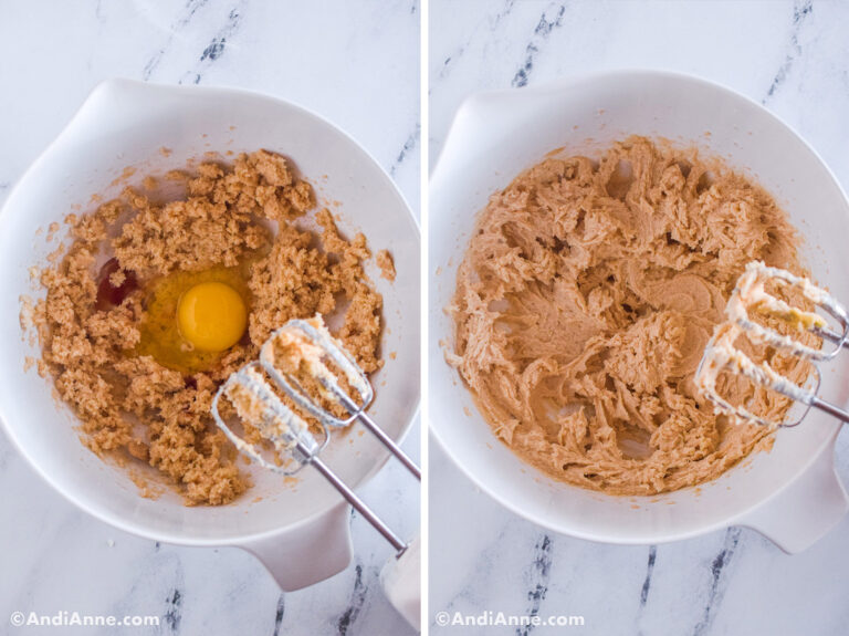 Two images, first with one egg on top of batter. Second with egg mixed in.