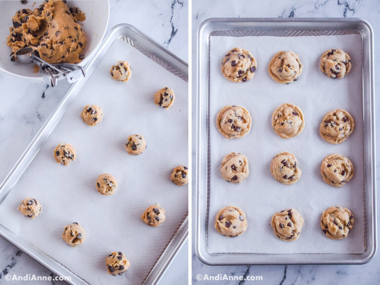 Two images of a baking sheet, first with raw cookie dough balls. Second with baked chocolate chip cookies.
