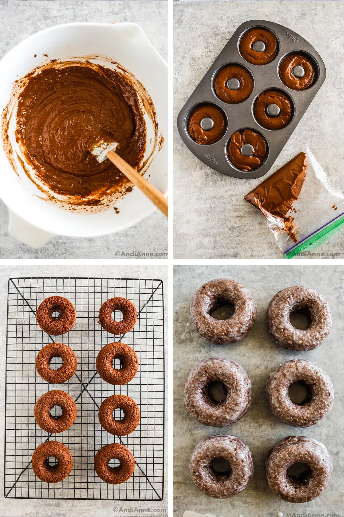 Four images grouped together including a bowl of chocolate batter, a donut pan with batter and plastic bag with batter, baked donuts on a cooling rack, and dipped glazed chocolate donuts on a counter.