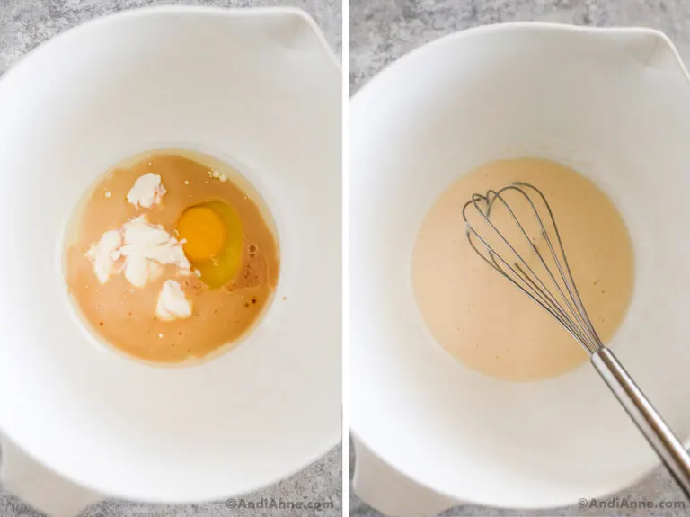 Two images grouped together: first is wet ingredients dumped in, second is wet ingredients mixed with a whisk.