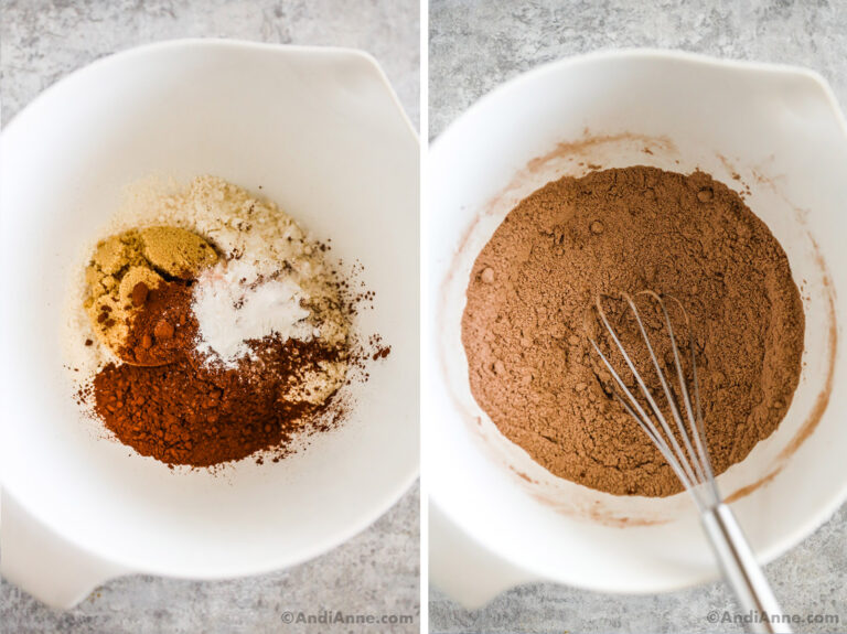 Two images grouped together: First is dry ingredients dumped in. Second is chocolate looking dry ingredients mixed with a whisk.