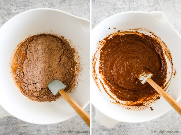 Two images grouped together: First is dry ingredients dumped on top of wet, second is a chocolatey batter with a spatula.