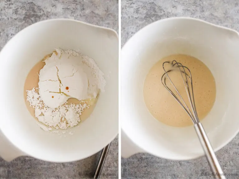 Two images grouped together: First is icing sugar and milk dumped in bowl. Second is glaze in a bowl with a whisk.