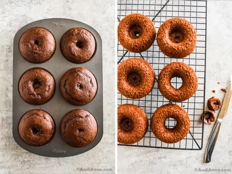 Two images grouped together: first is baked donuts in a donut pan, second is baked donuts on a rack with knife beside it.