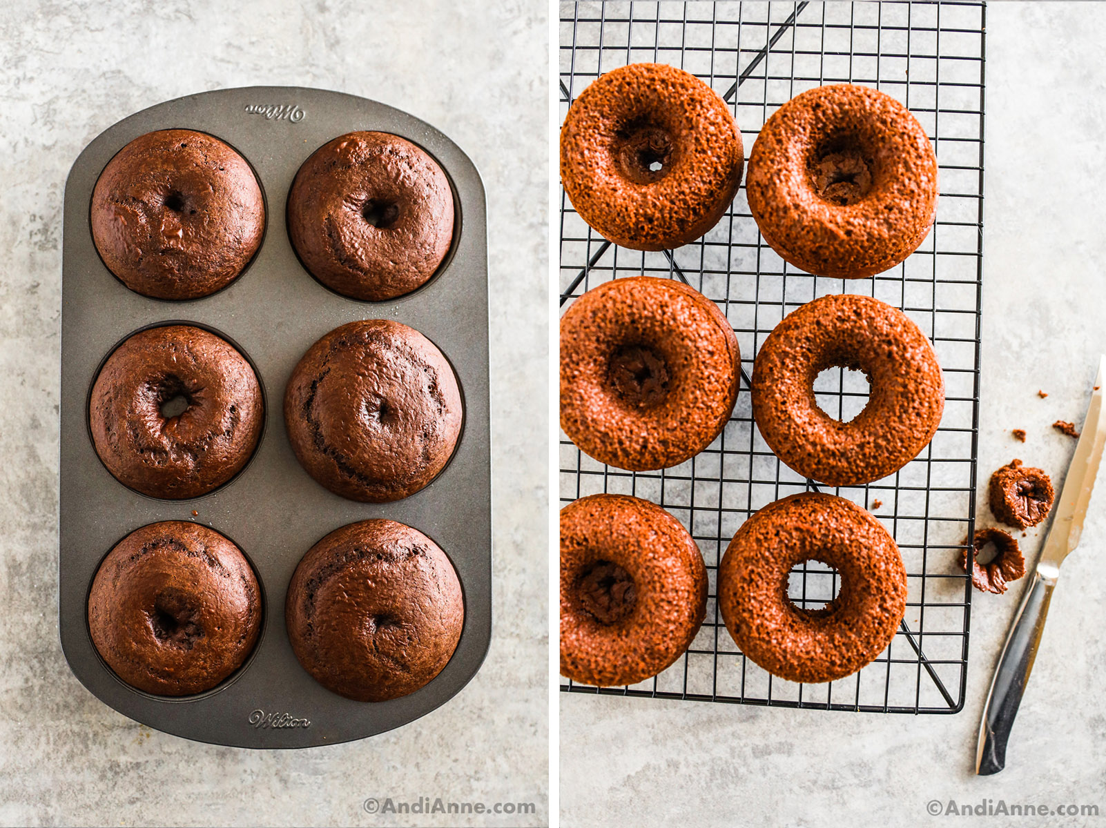 Two images, first is baked donuts in a donut pan, second is baked donuts on a cooling rack with a knife beside.