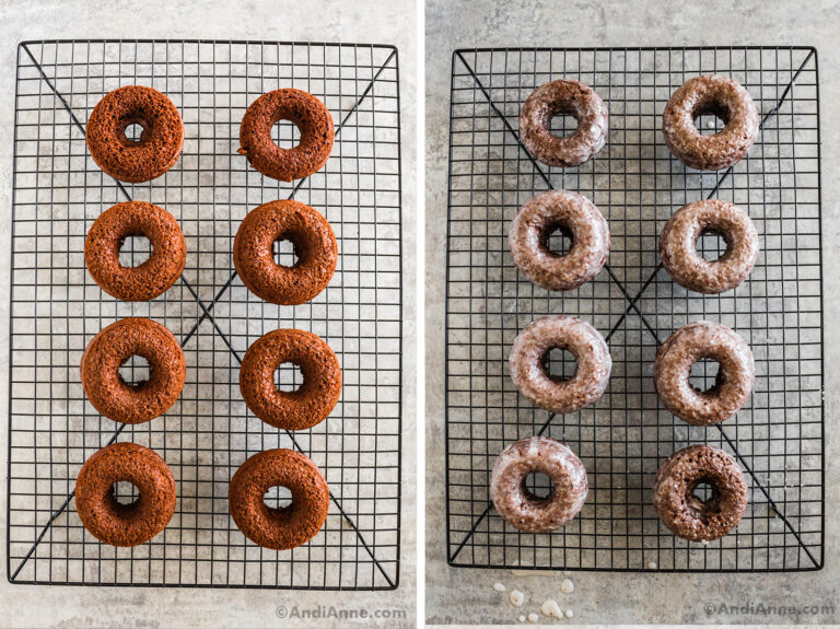 Two images grouped together: first is baked donuts on a rack. Second is glazed chocolate donuts on a rack.