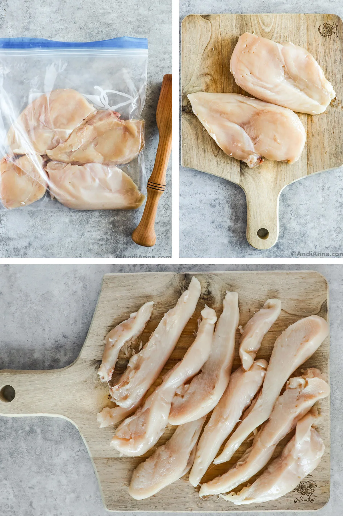 Three images grouped together, first is chicken in a bag and a mallet, second is raw chicken breasts on cutting board, third is sliced raw chicken on cutting board.