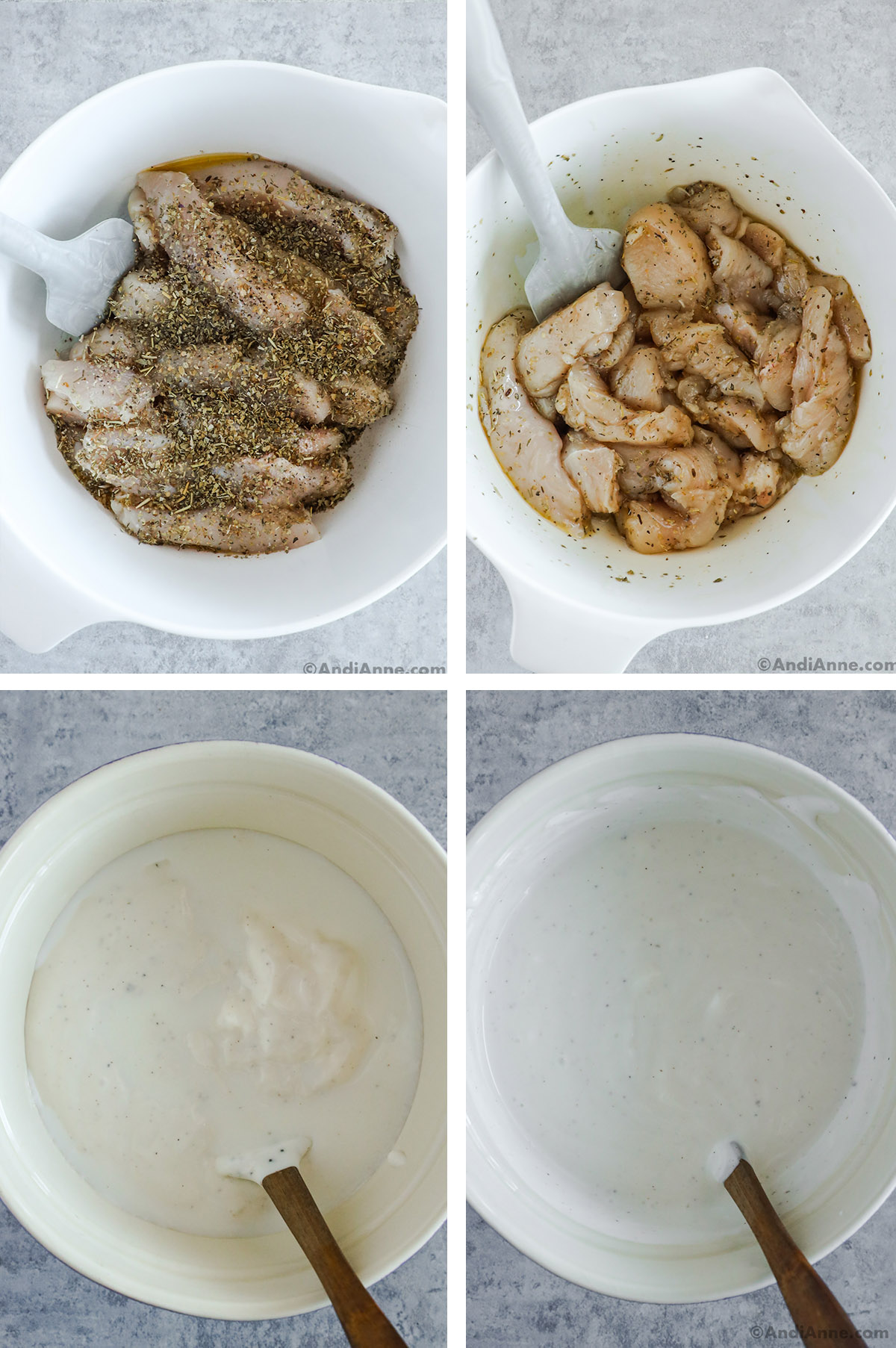 Four images, first two are raw chicken with herbs. Third and fourth are creamy sauce in a bowl.