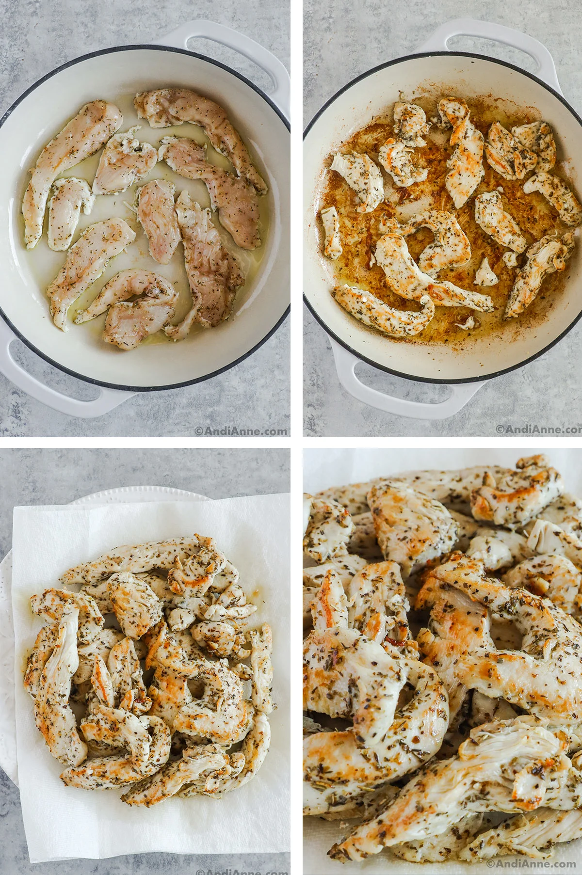 Four images. First two are a pan with sliced raw chicken then cooked. Third and fourth are cooked sliced chicken on paper towel.