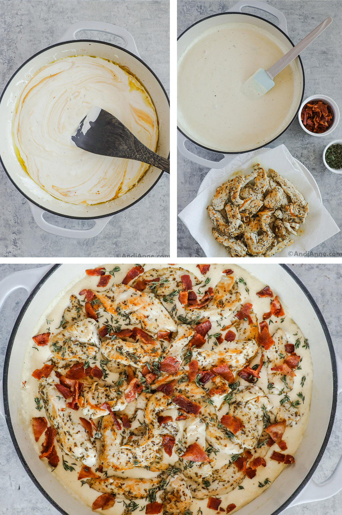 Three images grouped together. First is a pan with creamy sauce. Second is pan with sauce, plate of cooked chicken, bowls of bacon and thyme. Last image is creamy chicken bacon thyme recipe in pan.