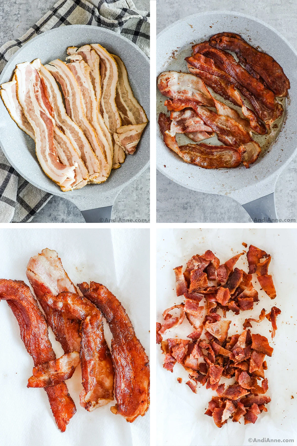 Four images grouped together. First two are of bacon strips in frying pan first raw, then cooked. Third is cooked bacon strips on paper towel, fourth is crumbled bacon strips.