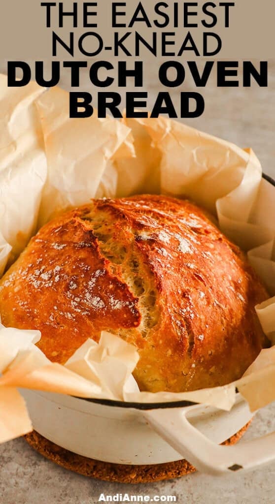 A dutch oven with parchment paper and loaf of bread inside