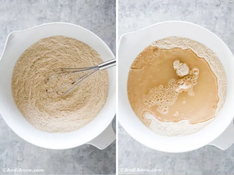 Two white bowls, first with flour mixture, second with water on top.