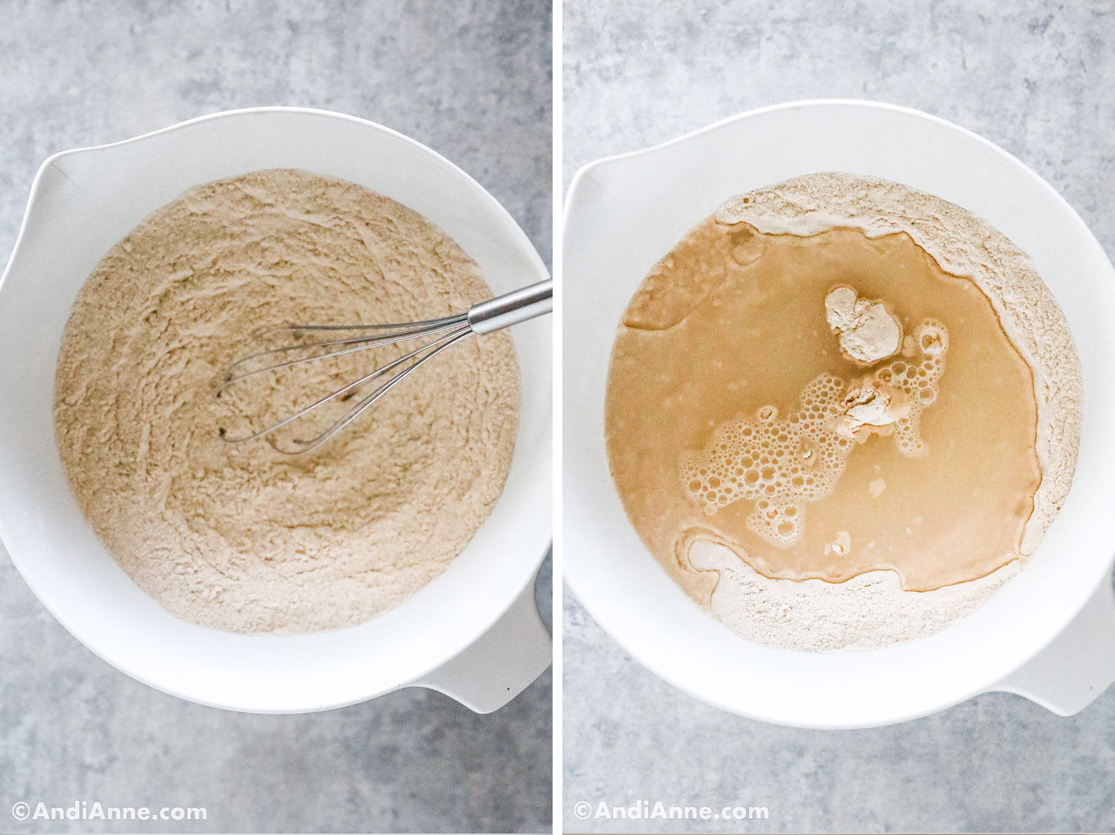 Two images of a white bowl, first with flour and a whisk. Second with water on top.
