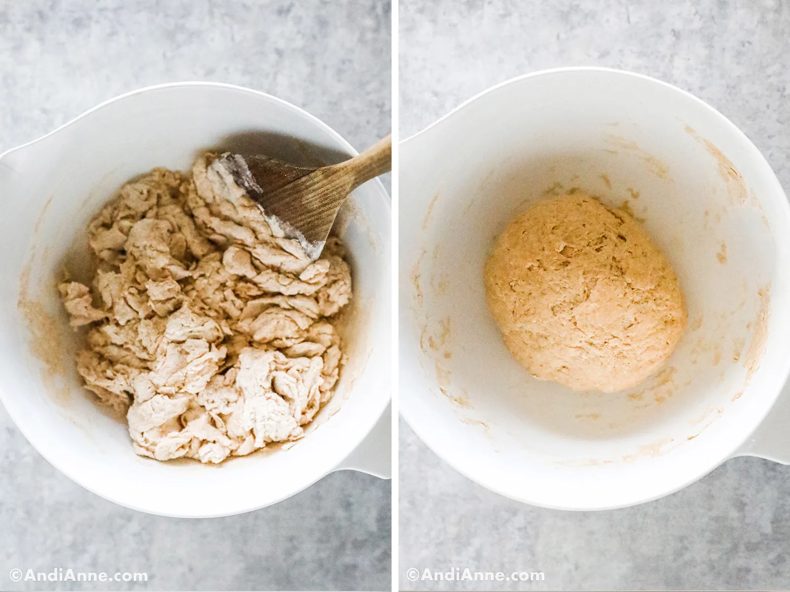 Two images of a white bowl. First with lumpy dough, second with a round ball.