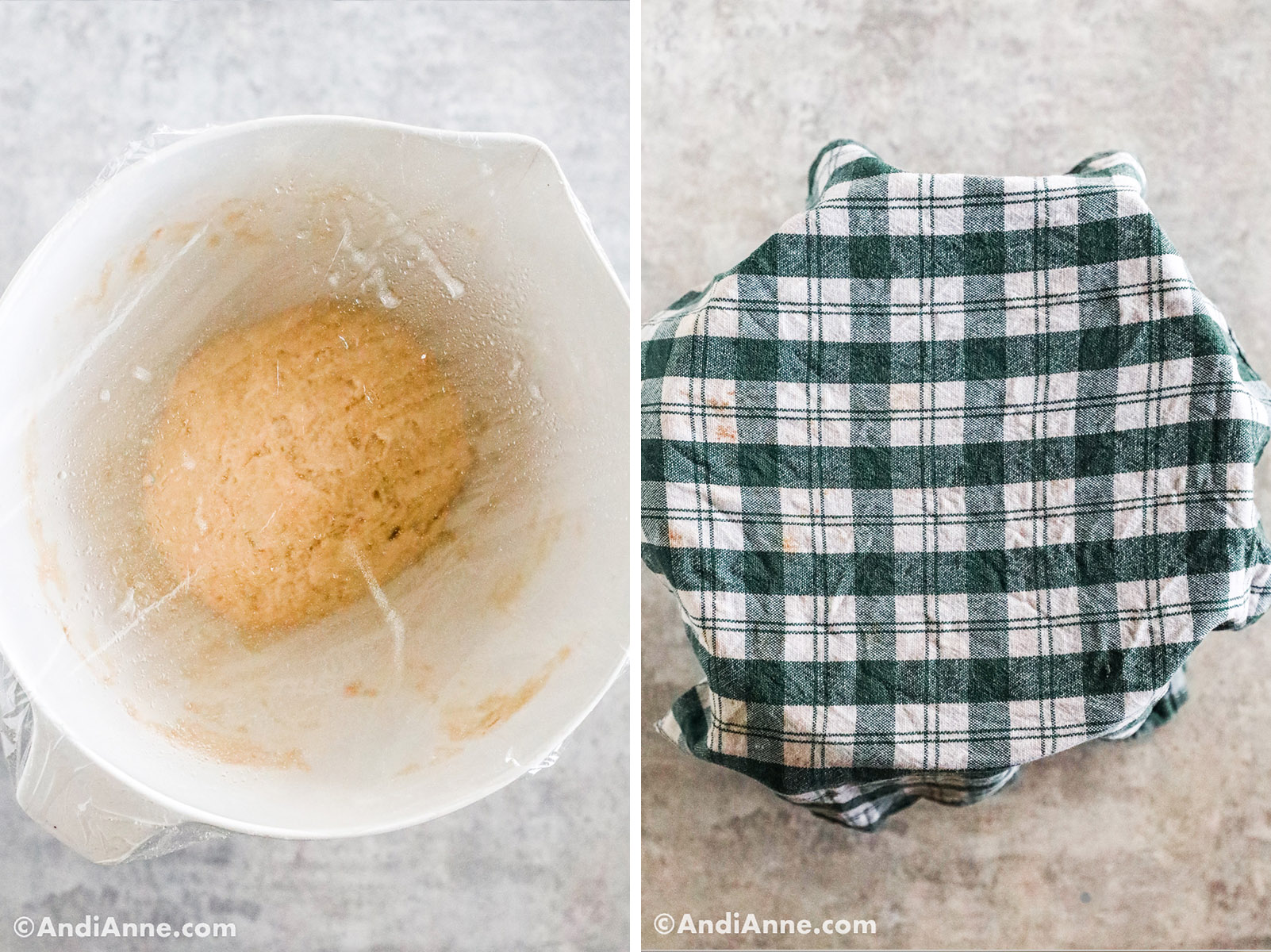 Two images, first is a white bowl with a dough ball inside and plastic wrap on top. Second is a green plaid tea towel.