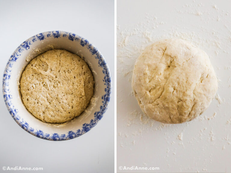 Two images. First with dough in bowl. Second with round dough ball on floured surface.