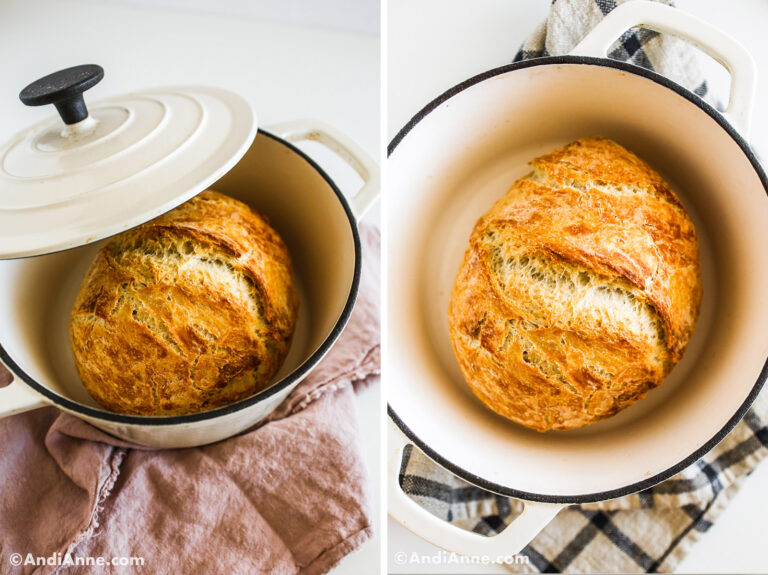 Two images of white dutch oven with round baked bread inside.