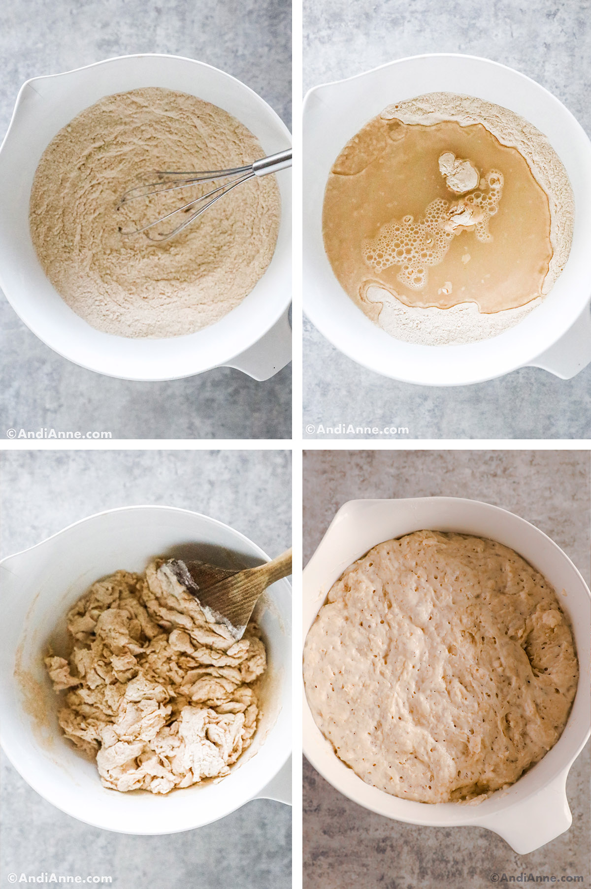 Images of a white bowl with bread dough ingredients in various stages.