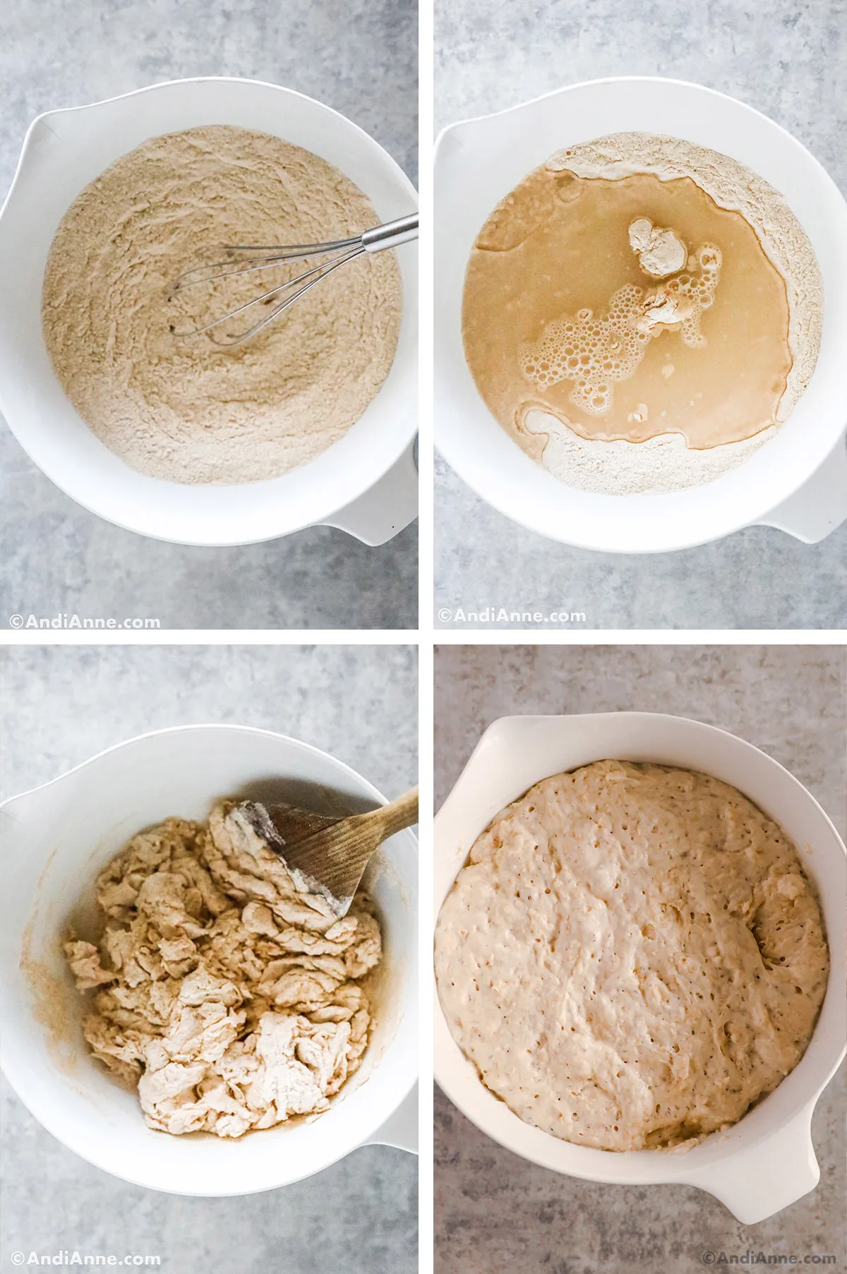 Images of a white bowl with bread dough ingredients in various stages.