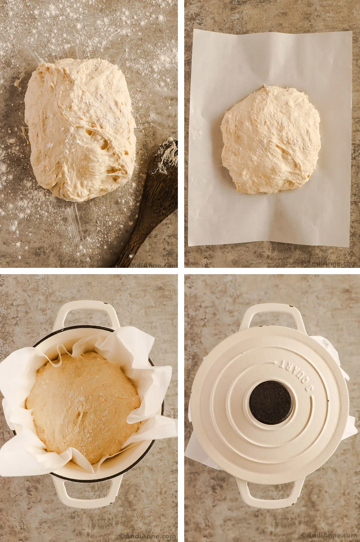A dough ball on counter, then on parchment paper, then in dutch oven, then with lid on top.