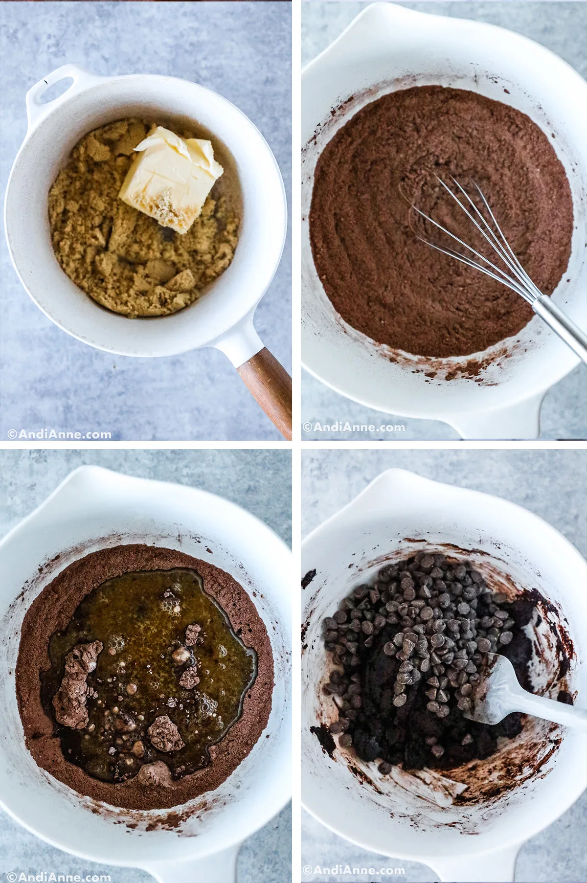 Four images grouped together including a pot with butter and sugar, a white bowl with chocolate dry mixture and whisk, a white bowl with chocolate flour and melted butter poured on top, and chocolate batter and chocolate chips poured on top.