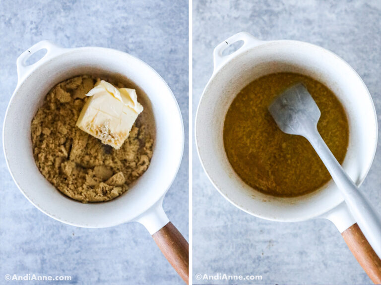 Two images of a white pot, first with butter, brown sugar. Second with melted ingredients.