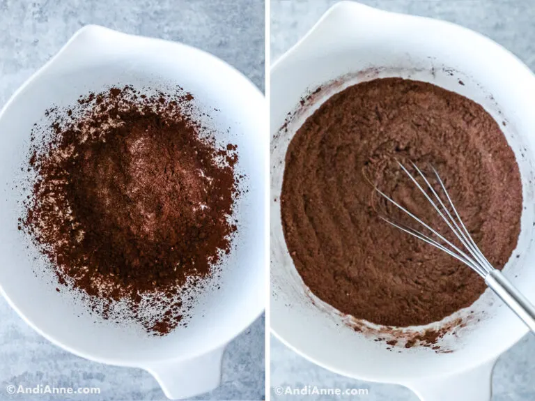Two images of a white bowl, first with cocoa powder and other ingredients, Second with ingredients mixed together.
