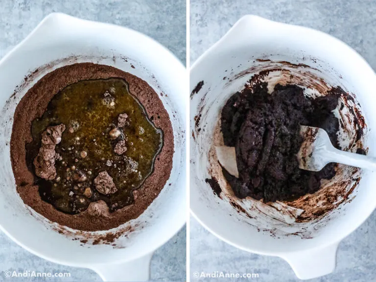 Two images of a white bowl, first melted butter ingredients dumped on top of chocolate flour. Second with a chocolate batter in bowl.