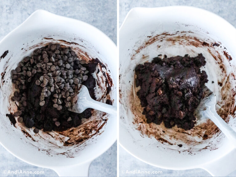 Two images, first with chocolate chips on top of chocolate batter. Second with mixed chocolate batter.