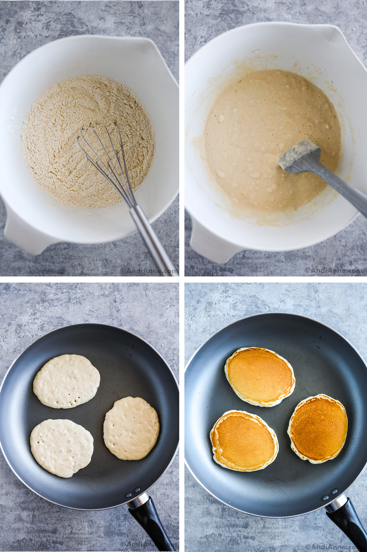 Four images grouped together. First is a white bowl with flour and a whisk. Second is a bowl with pancake batter and a spatula. Third is three uncooked pancakes in a frying pan. Fourth is golden brown pancakes in a frying pan. 