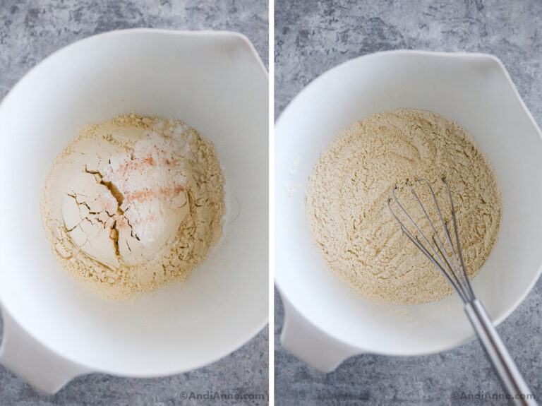 Two images of a bowl grouped together. First with dry ingredients dumped in, second with ingredients mixed together.