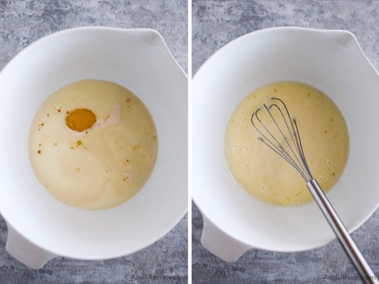 Two images together, first is various liquid ingredients dumped in. Second is liquid ingredients with a whisk.
