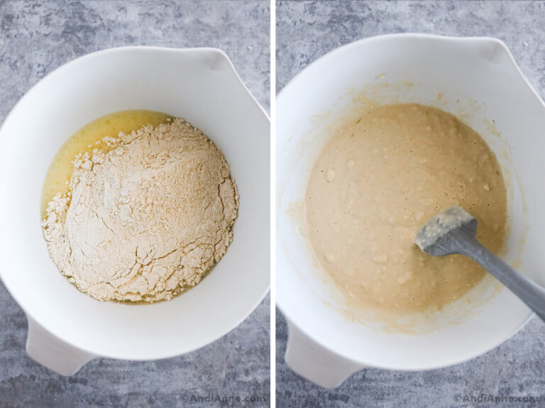 Two images of a white bowl. First with white flour dumped on top of liquid ingredients. Second with pancake batter mixed together.