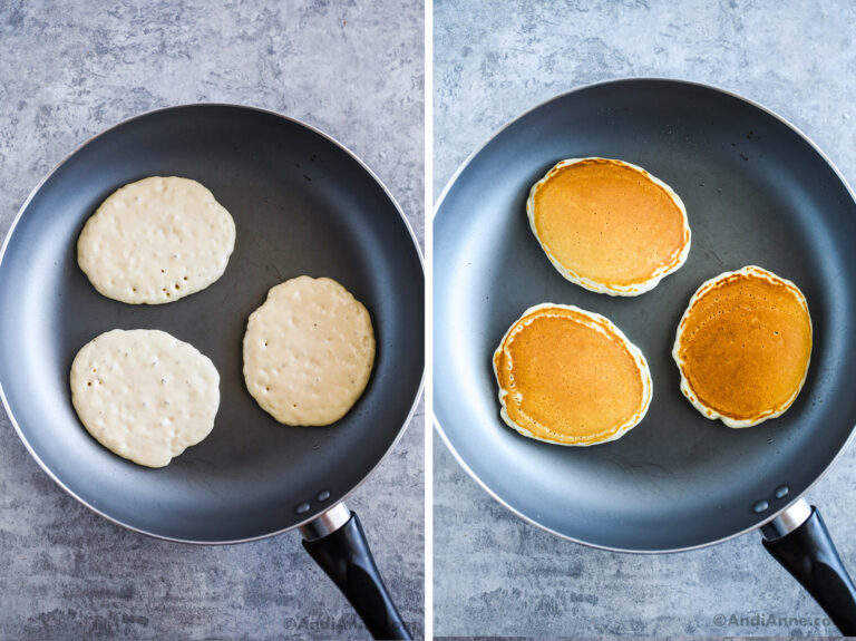 Two images of a frying pan. First with uncooked pancakes. Second with golden brown pancakes.